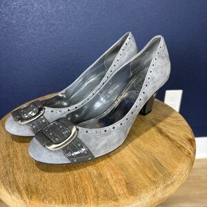 Franco Sarto Paver Gray Suede Heels with Buckle, Size 9.5